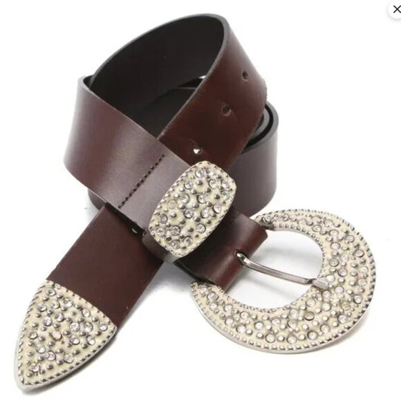 Vintage Le Chateau Leather Cowgirl Rhinestone Belt Bling Buckle Statement Brown - Picture 4 of 14